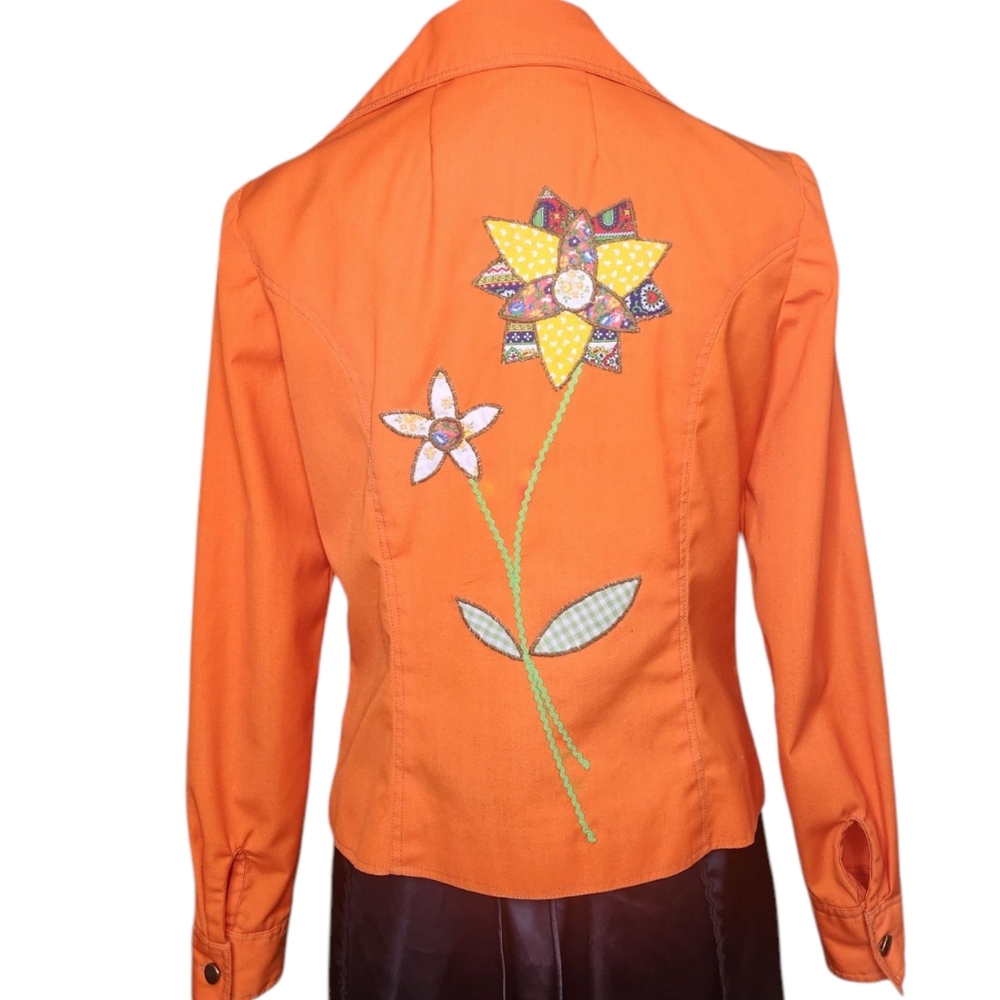 Vintage 70s Flower Power Orange Jacket Patchwork Applique Garden Party